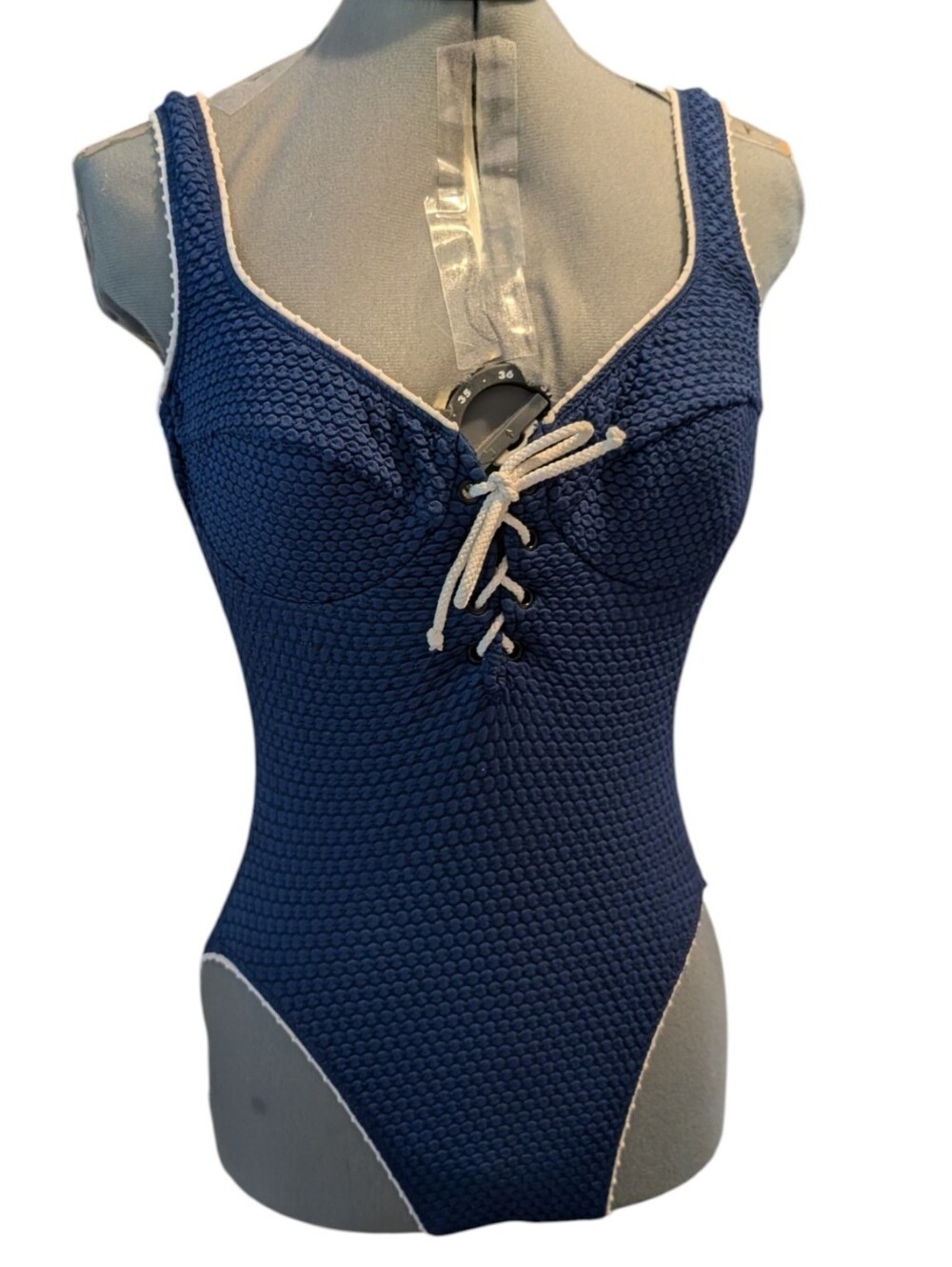 80s 90s Vintage Baja Blue Navy Women's Swimsuit‎ Size 12 Classic